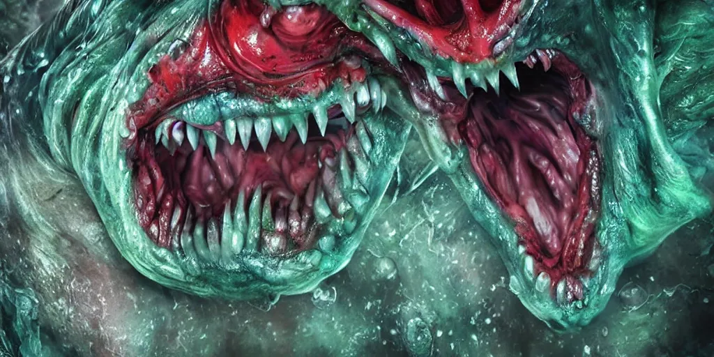 Image similar to a muscular slimy creepy monster, open mouth, with very long slimy tongue, dripping saliva, mouths inside mouths, macro photo, fangs, red glowing veins, thin blue arteries, green skin with scales, cinematic colors, standing in shallow water, insanely detailed 8 k artistic photography, dramatic lighting