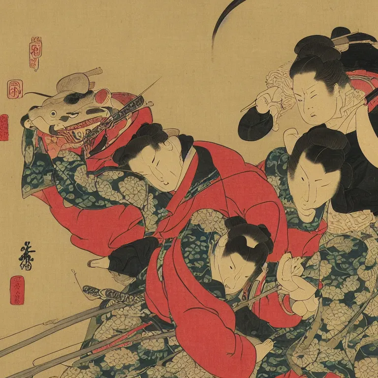 Prompt: Beautiful Intensely lit realistic scene of a samurai battling a frog spirit, beautiful oil painting in the style of Kuniyoshi and Sharaku, trending on artstation dramatic lighting realism ukiyo-e
