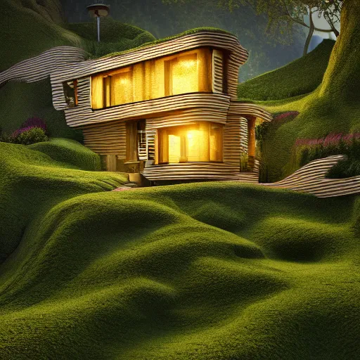 Image similar to small hillside house made of honey, modern lighting, hyper - realistic, hyper - detailed, 8 k, octane rendered, art nouveau, organic, flowing, impossible torsion, writhing, lush, dynamic