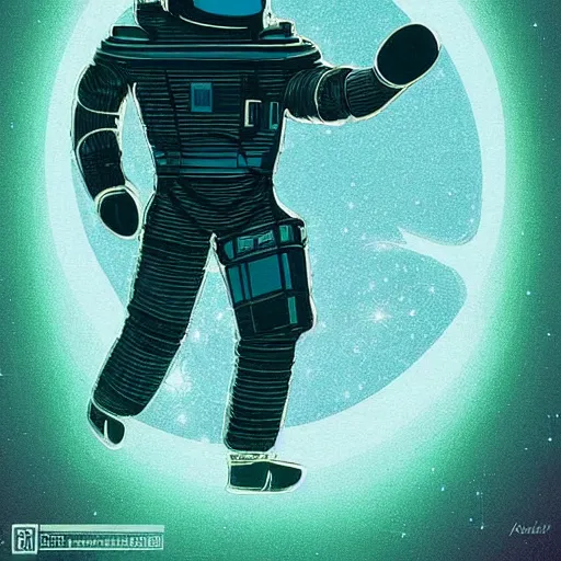 Prompt: “retro sci-fi poster 1950’s dead space astronaut in a futuristic city made of glass, reflection of a female shadow silhouette in the glass helmet, the astronaut is under stars and moon. It is art deco style, 1950’s, glowing highlights, teal palette. Horror, dramatic Simple shapes,”