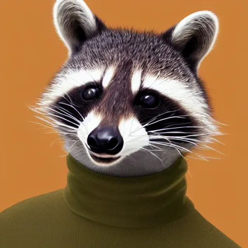 Image similar to happy racoon wearing a yellow turtleneck, studio, portrait, facing camera, studio, dark bg