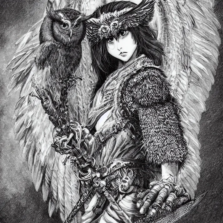 Image similar to young owl goddess, realistic proportions, sharp focus, beautiful face, in feather armor, wielding an owl axe, symmetrical, highly detailed, engraving kentaro miura manga art style trending on artstation 8 k