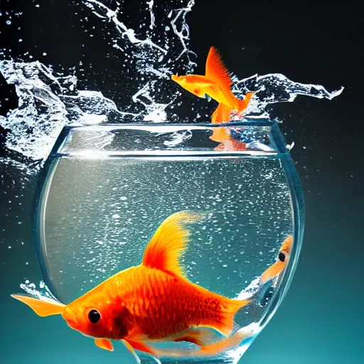 Image similar to stock photo of goldfish jumping to freedom out if fish bowl to another aquarium with clear water against blue background