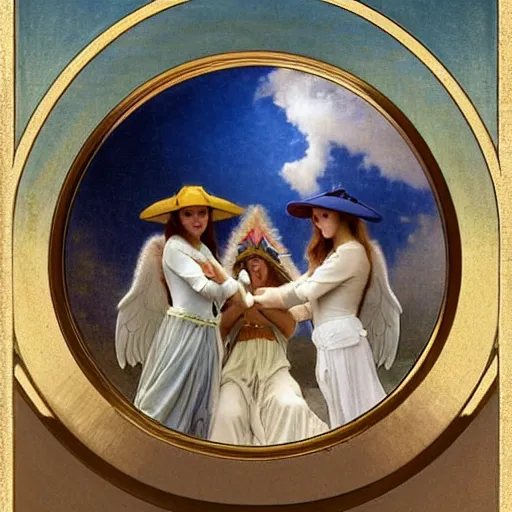 Image similar to Angels with jester hats and clothes forming a circle on the front of a Balustrade with a beach and a sail boat on the background, major arcana cards, by paul delaroche, alphonse mucha and daniel garber daniel garber hyperrealistic 8k, very detailed