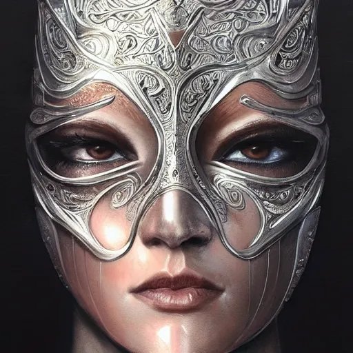 Image similar to Very very very very highly detailed epic photo of face with venetian mask, intricate, dystopian, sci-fi, extremely detailed, digital painting, artstation, concept art, smooth, sharp focus, illustration, intimidating lighting, incredible art by Artgerm and Vincent di Fate