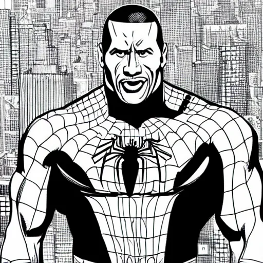 Image similar to dwayne johnson as spiderman in style of black pen line drawing, very detailed