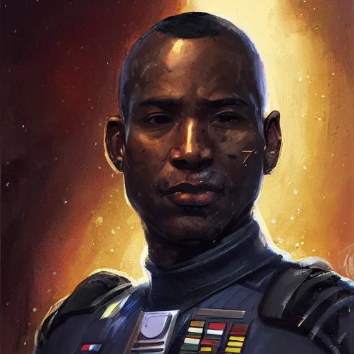 Image similar to portrait of a man by Greg Rutkowski, the grand admiral of the galactic alliance, a black man in his 20s, short hair, impeccable military composure, wearing the tactical gear of the galactic alliance, Star Wars Expanded Universe, highly detailed portrait, digital painting, artstation, concept art, smooth, sharp foccus ilustration, Artstation HQ