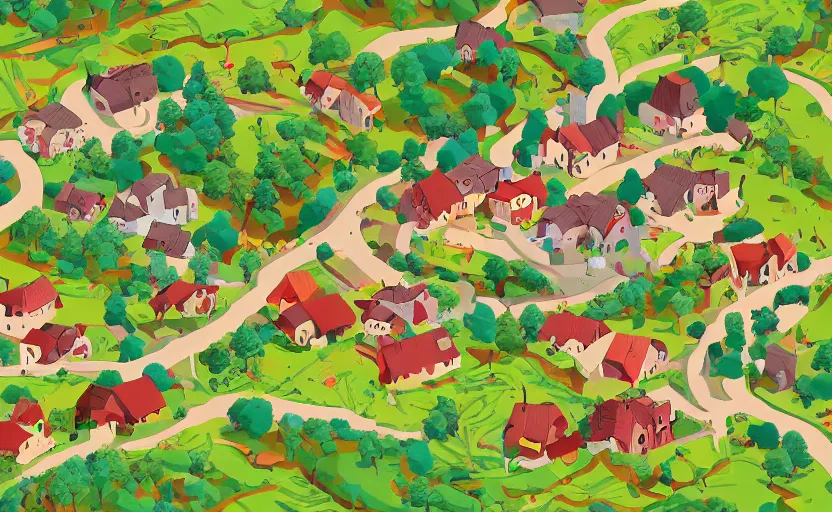 Image similar to a small village in a valley, villagers busy farming, a dragon approaching from a distance, zoomed in, vector, storybook, gouache, flat, sharp edges, concept art, print