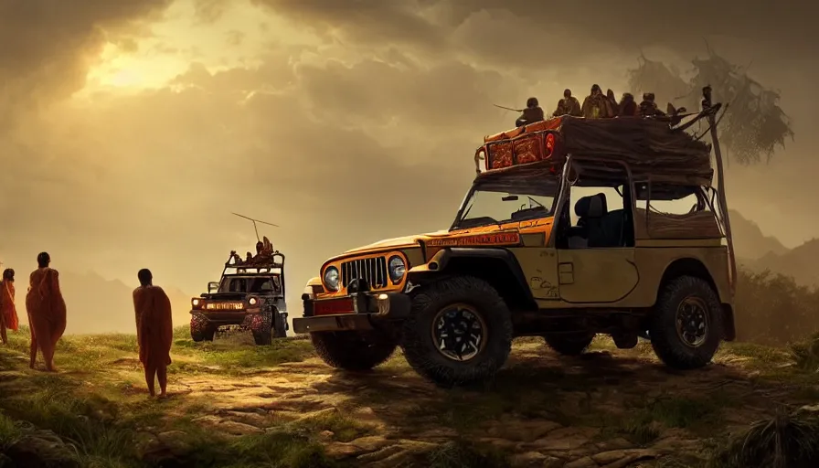 Image similar to Mahindra thar, tribe members watching nearby, an epic fantasy, dramatic lighting, cinematic, establishing shot, extremely high detail, photorealistic, cinematic lighting, artstation, by simon stalenhag, shadow of the tomb rider