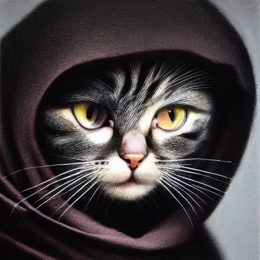 Image similar to a portrait of a kitten wearing a black hood, cloak covering face, anatomically correct, beautiful perfect face, enigmatic, oil painting, matte, black background, Volumetric dynamic lighting, Highly Detailed, Cinematic Lighting, Unreal Engine, 8k, HD, by Beksinski