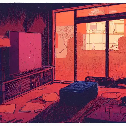 Image similar to A room with big screen on the wall from horror TV show by Feng Zhu and Loish and Laurie Greasley, Victo Ngai, Andreas Rocha, John Harris