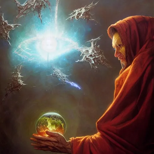 Image similar to the creator of worlds wearing a cloak and holding a holographic planet projection in his hand, detailed, sci - fi, digital painting, artstation, sharp focus, illustration, ominous, artgerm, tomasz alen kopera, peter mohrbacher, donato giancola, joseph christian leyendecker, wlop, frank frazetta