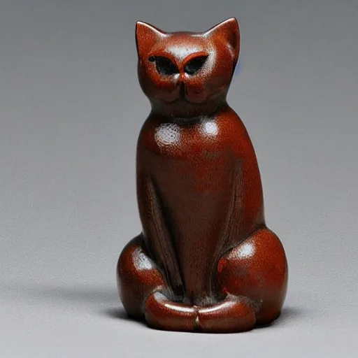 Prompt: elegant anthropomorphic cat figurine wearing a kimono, cast brown resin, toggles, very highly detailed, intricate, monotone, shy looking down