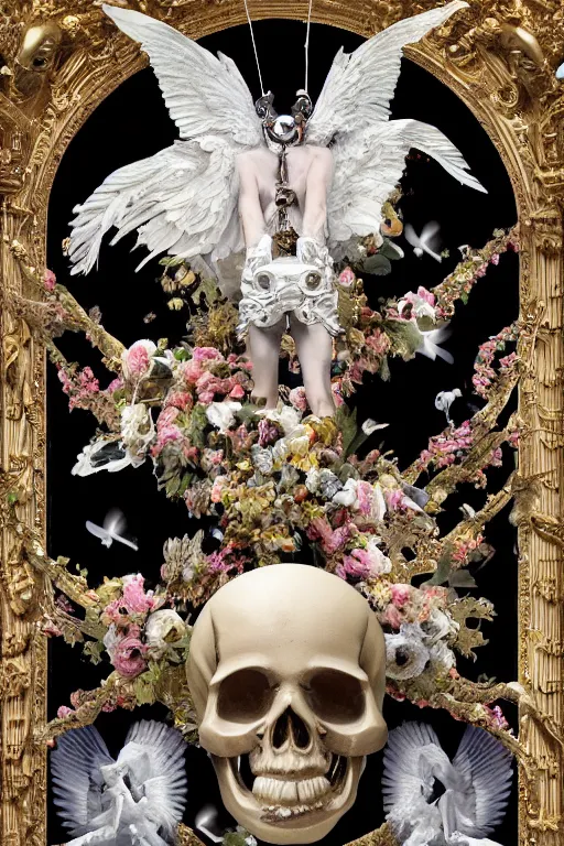 Prompt: A flying icarus reaching for the sun with a skull mask and wings as a Greek sculpture, quartz crystal skull, wreath of flowers and abstract milky quartz eyes, many large flying monster eyes, flowing sakura silk, fabric, flowers. baroque elements, human skull. full-length view. baroque element. intricate artwork by caravaggio. many many birds birds on background. Trending on artstation. halo. octane render, cinematic, hyper realism, octane render, 8k, depth of field, 3D