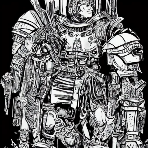 Prompt: a beautifully detailed warhammer 4 0 k portrait of angela merkel as inquisitor. pen and ink by moebius.