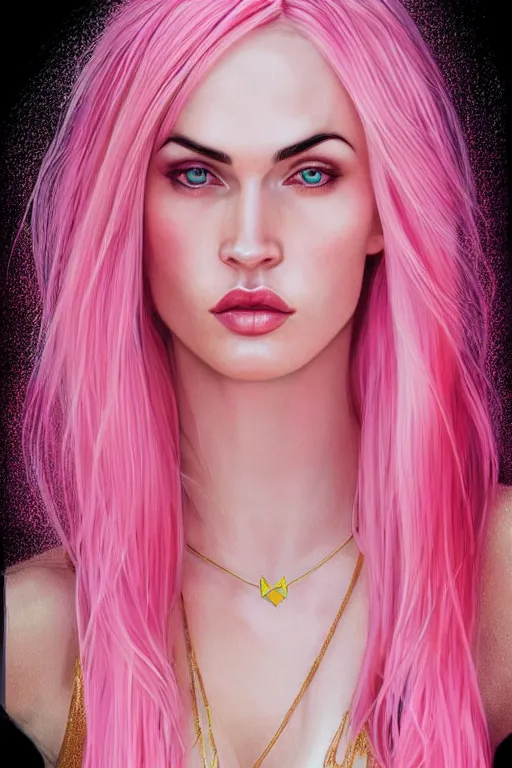 Image similar to Portrait of a beautiful pale skin Nordic female megan fox with long pink hair, elegant, photorealistic, highly detailed, artstation, smooth, sharp focus, gold ornaments, neon lighting, sci-fi, art by Klimt