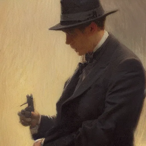 Image similar to detailed portrait of man in black suit and black coat, spring light, painting by gaston bussiere, craig mullins, j. c. leyendecker