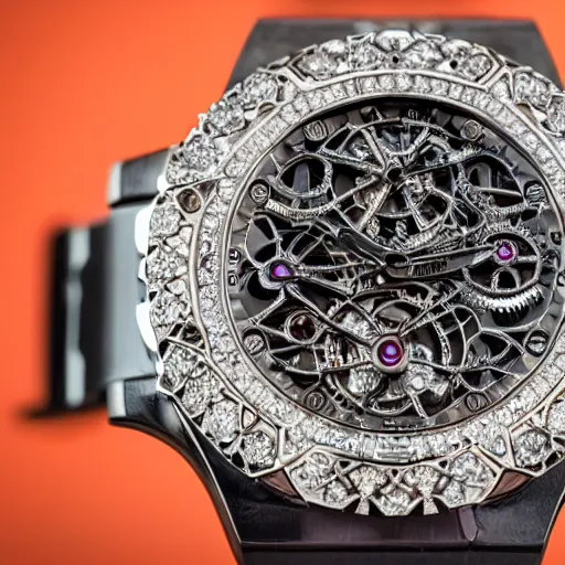 Prompt: vvs diamond alexandrite watch, intricate design, rolex, cogs and gears, steampunk watch, richard mille, promotional photo, 8 k photography