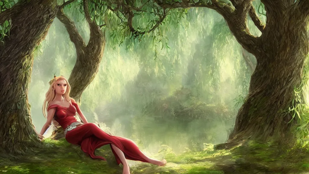 Prompt: female elf relaxing under large willow tree, natural lighting, D&D, fantasy, intricate, elegant, highly detailed, digital painting, artstation, concept art, sharp focus, illustration