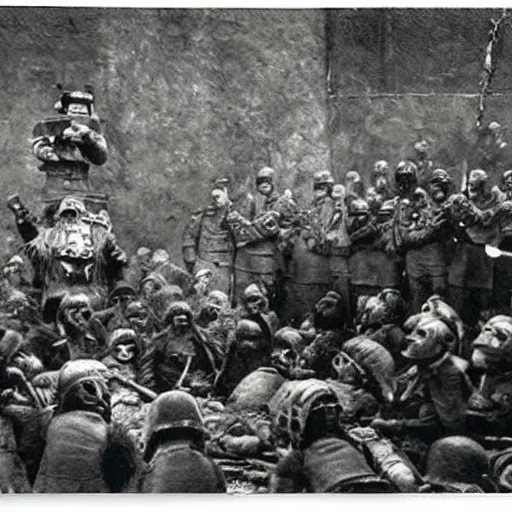 Prompt: A photo of elmo giving the troops a speech after long years of war, suffering, dark, historical moment, emotional, impressive, by Vasily Vereshchagin