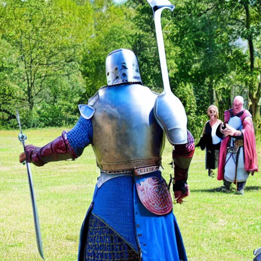 Image similar to bjorn of backwater, honorable knight of francia, standing with his blue shield up and a short sword in his hand, real life, renaissance fair, gladiator, motion blur