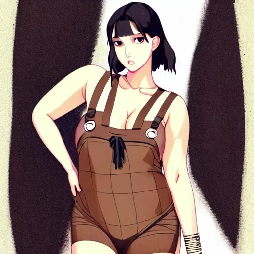 Image similar to a beautiful plus sized model japanese natalie portman, alluring plus sized model with brown skin, wearing mayan leotard with overalls, street fashion hip hop style with mayan patterns, aztec street fashion, gapmoe yandere grimdark, trending on pixiv fanbox, painted by greg rutkowski makoto shinkai takashi takeuchi studio ghibli, akihiko yoshida