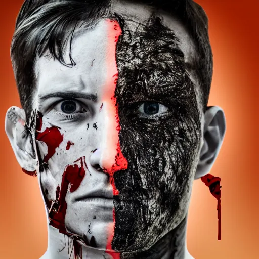 Image similar to torn off skin of man's face blood is everywhere