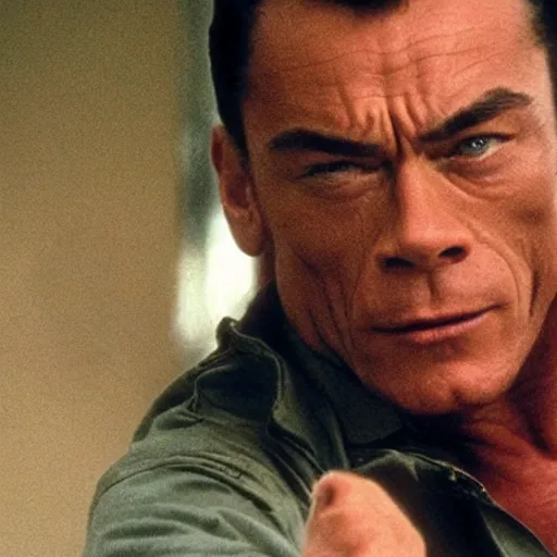 Image similar to jean-claude van Damme saluting by putting the tip of his foot against is head