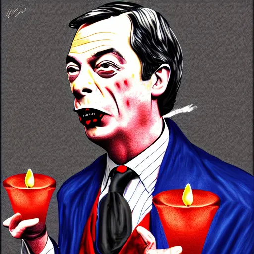 Prompt: nigel farage as count dracula, single candle light, digital painting, detailed, artistic, dramatic colors