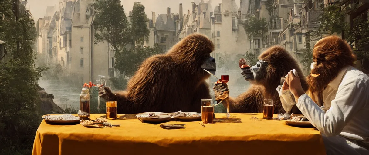 Image similar to accidentally wes anderson award - winning photograph of yeti and bigfoot eating lung outside paris restaurant, accidental renaissance, golden ratio, fibonacci composition, 4 k, detailed, art by greg rutkowsky, trending on artstation, cinematic lighting, filmic grain, golden hour, detailed, 4 k