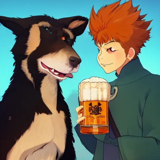 Image similar to a two german shepherds beast - men, holding a mug of beer, a lot of pockets, fur cape, tavern background, magical, bright, colorful, fantastic lighting, amazing details, 4 k uhd, illustration by hayao miyazaki and makoto shinkai and ilya kuvshinov, artstation, pixiv,