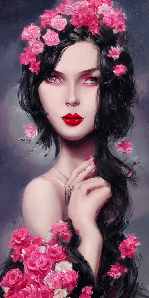 Prompt: a young beautiful woman portrait with long black hair, red lips, pink flowers around, rich details, concept art, best artstation, like rolf armstrong style,