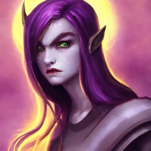 Prompt: a portrait of a cute tiefling girl with a scar along her face, skin colour purple, horns from her head, yellow eyes, cleric, dnd art, fantasy, digital art, high quality.