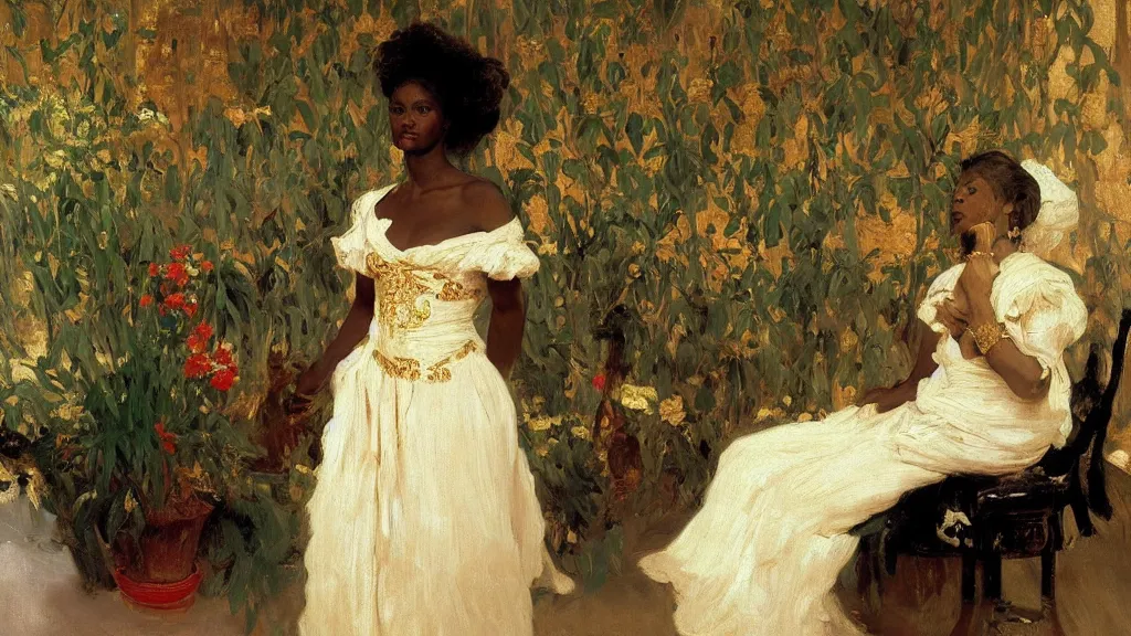 Prompt: high quality high detail painting by ilya repin and john singer sargent, black woman in a white room with many plants, intricate costume design, orientalist, partially gold, ornate, elite, luxury, hd