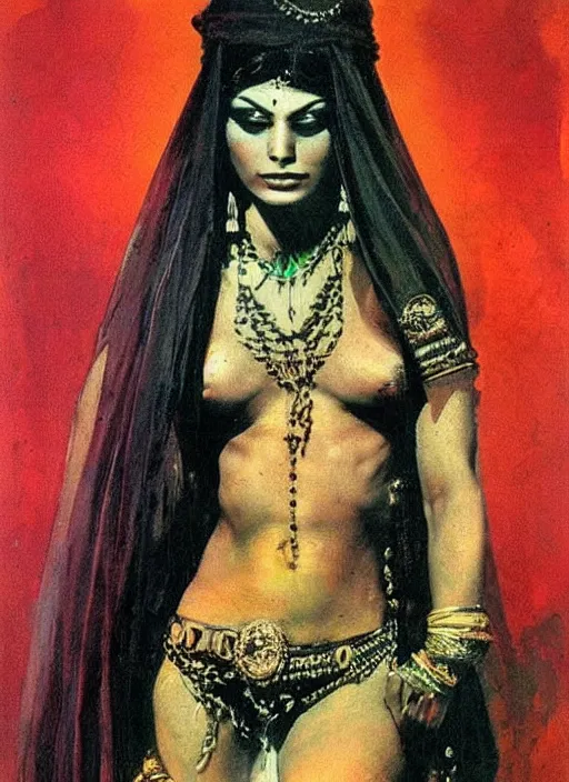 Image similar to portrait of muscular indian vampiress, jeweled veil, strong line, saturated color, beautiful! coherent! by frank frazetta, high contrast, minimalism