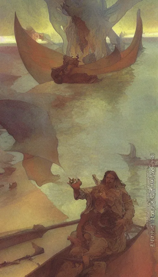 Image similar to man on boat crossing a body of water in hell with creatures in the water, sea of souls, by alfons maria mucha
