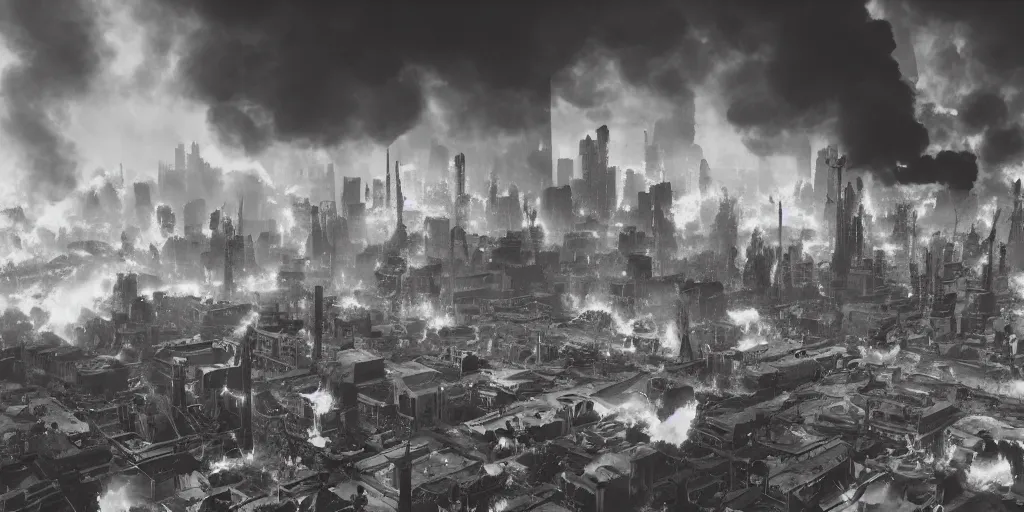 Prompt: dieselpunk city skyline engulfed in flames, clouds of smoke, puffs of smoke, large explosions, wide angle shot, 120 black and white film