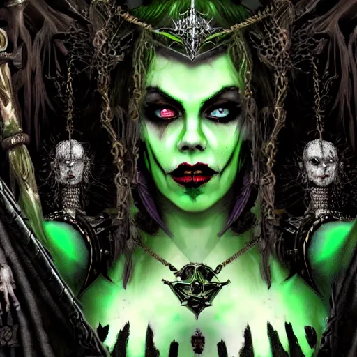 Prompt: close up portrait of fairuza balk as a high priestess necromancer in the style of chaos in warhammer 4 0 k, flowing robe, jewel encrusted chestplate, green black grey and white palette, lolth, dnd, character art