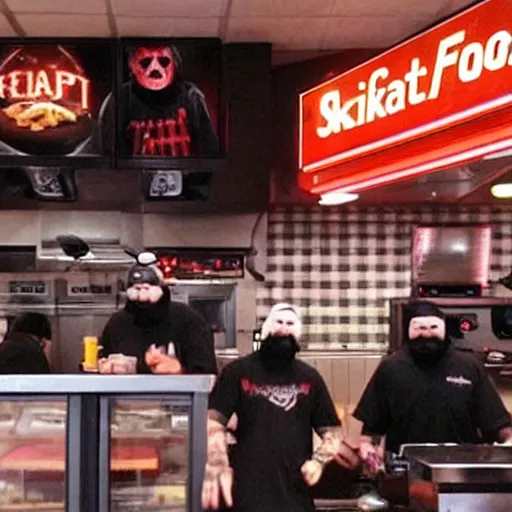 Image similar to a movie screenshot, slipknot band members working in a fast food restaurant, high quality, high detail