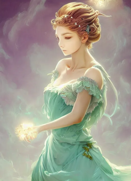 Image similar to Portrait of magical girl, dreamy and ethereal, mint green eyes, peaceful expression, ornate frilly dress, fantasy, intricate, elegant, beautiful, digital art, dynamic lighting, golden ratio, highly detailed, digital painting, trending on artstation, concept art, smooth, sharp focus, illustration, photo realistic, art by artgerm and greg rutkowski and alphonse mucha, 4K