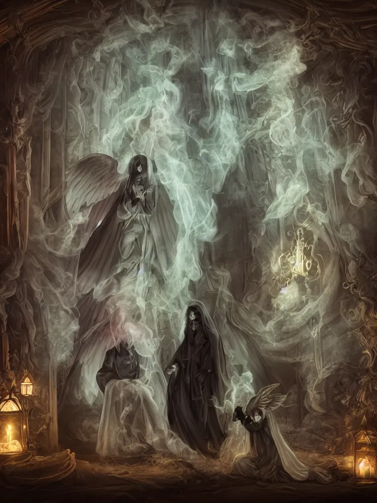 Prompt: cute fumo plush gothic angel gentleman prince in hood ghost wraith making an apparition in an abandoned throne room, thanatos, stained glass window with colored glowing light, fallen angel, wisps of smoke and glowing volumetric fog, vignette, vray