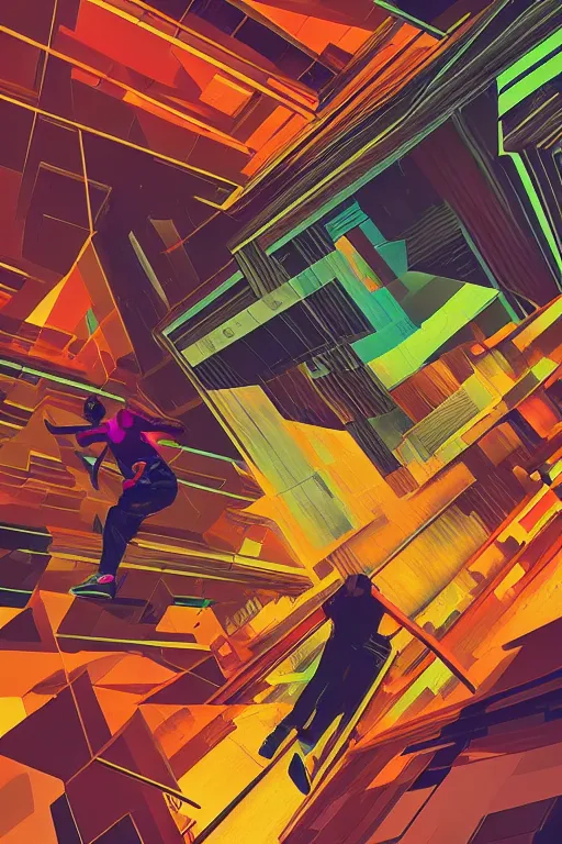 Prompt: wideangle action, parkour runner, flow zone, decoherence, synthwave, glitch!!, fracture, vortex, realistic, hyperdetailed, concept art, golden hour, art by syd mead, cubism