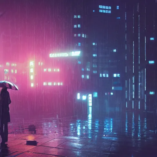 Prompt: ciberpunk city of the future, blade runner style, octane render, digital art, rain, beautiful girl with umbrella wearing a clear raincoat , pink hair, cinematic, 8k, very intricate, 80's, night time,