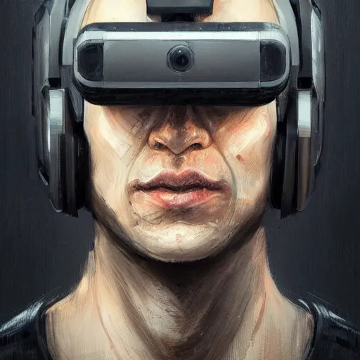 Image similar to Portrait of a man by Greg Rutkowski, symmetrical face, a marine with a helmet, using a VR Headset, Kubric Stare, crooked smile, he's wearing a tacitcal gear, highly detailed portrait, scifi, digital painting, artstation, book cover, cyberpunk, concept art, smooth, sharp foccus ilustration, Artstation HQ