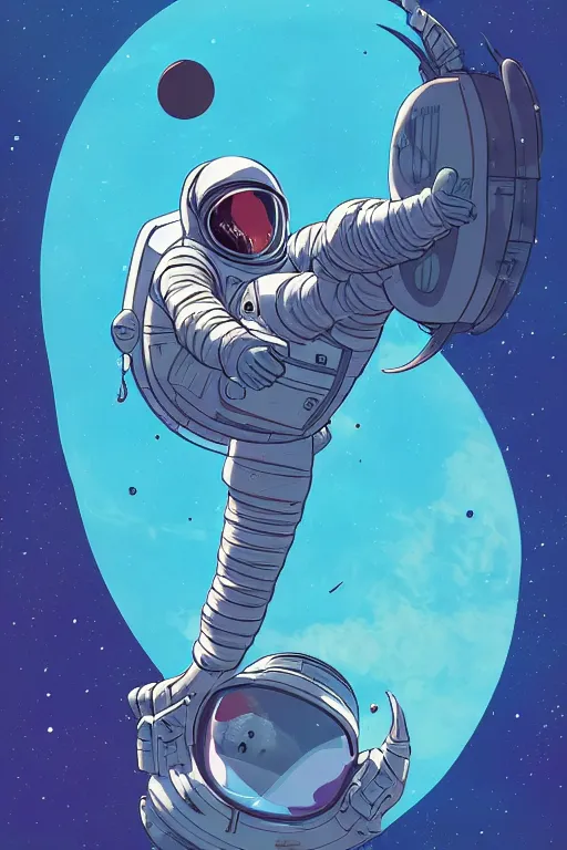 Image similar to an cosmonaut lie relaxed on a crescent moon between the stars and the planets in outer space, cosmonaut post grunge concept art,high detail,4k, trending on artstation by josan gonzalez and tyler edlin