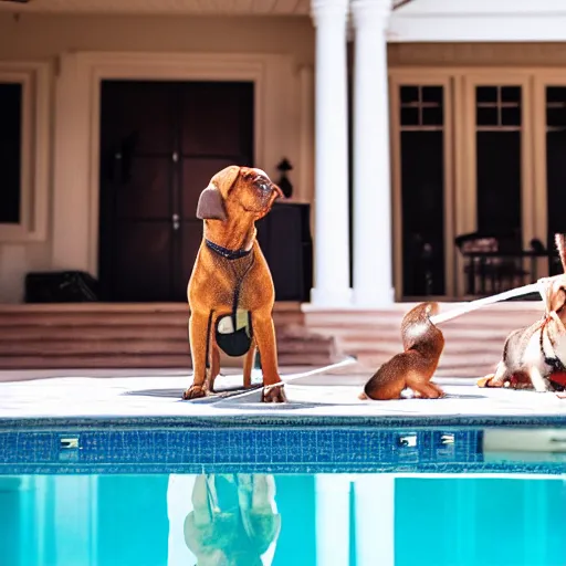 Image similar to a very detailed photo of a dog smoking a cigar outside the mansion by the pool