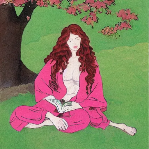 Image similar to beautiful ittle girl with long curly red hair dressed in a pink kimono and sitting next to a tree while reading a book, artwork made in western comic art style, inspired in balthus, anatomically correct, higher details