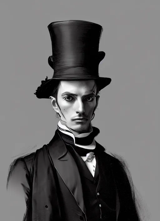 Prompt: 3 / 4 view of a portrait of man in victorian clothing, confident pose, intricate, elegant, sharp focus, illustration, highly detailed, concept art, matte, trending on artstation, goth, art by james jean and artgerm and brian despain and alberto mielgo, greg rutkowski, wlop, ilya kuvshinov, strong strokes