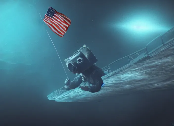 Prompt: dramatic photo of an astronaut underwater putting a flag on the bottom of the ocean. in the background, a submarine is visible. dark, concept art, cinematic, dramatic, blender, photorealistic, octane render, 8 k, volumetric lighting, dim lighting, trending on artstation