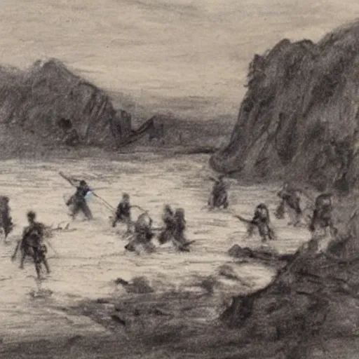 Prompt: an army of skeletons rising from a river by alfred stevens, charcoal